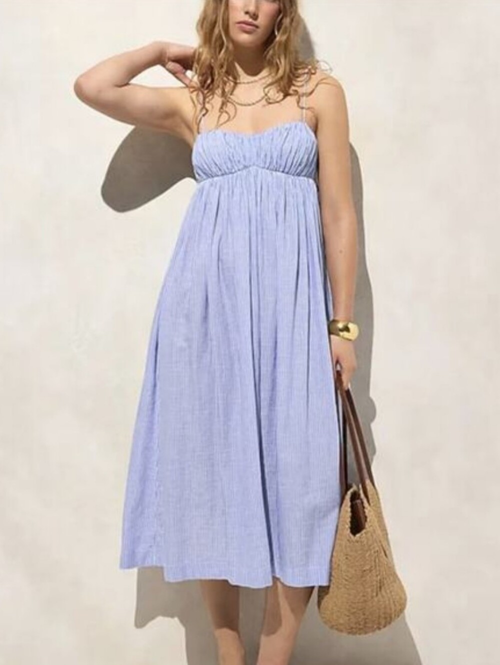 J. Crew Airy Gauze Empire-Waist Midi Dress Stripe Blue White Cotton Size 3X NWT